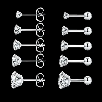 5 Pairs Stainless Steel Round CZ Zirconia Women Men Earrings Ear Stud 0.8mm 20G • $6.99