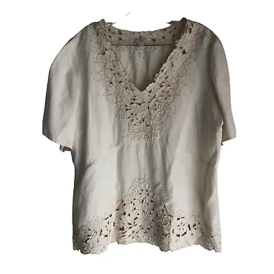 J. Jill Women's Blouse Size XL Silk Linen Embroidered Lace Trim Short Sleeve • $58.40