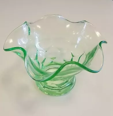 Vintage Vaseline Uranium Green Glass Ruffled Edge Bowl Vase 4  X 4.5 Glows  • $20