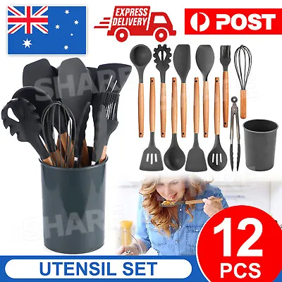 $24.95 • Buy Set Of 12 Silicone Utensils Set Wooden Cooking Kitchen Baking Cookware AU