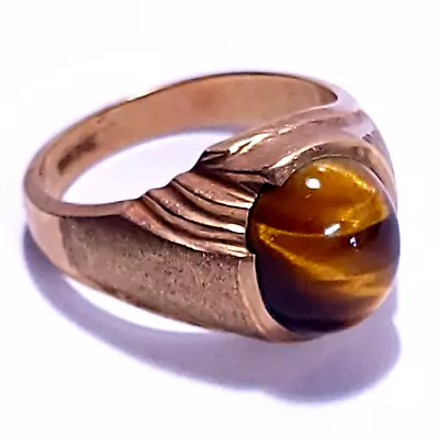 10k Yellow Gold 7.84g Vtg Mens Ring Amber Tiger Eye Oval Cabochon Size 9.25 • $224.97