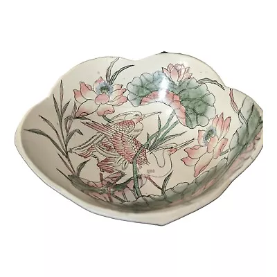 Vintage Macau Scalloped Hand Painted Asian Lotus Crane Birds Bowl 8  Width • $24.99