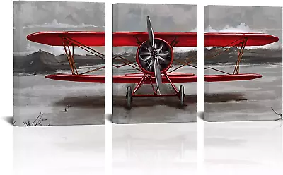 3 Piece Vintage Airplane Canvas Wall Art Red Jet Paintings Aircraft Pictures Red • $83.50