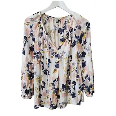 Lucky Brand Floral Top Womens Size XS Keyhole Tie Neck Long Sleeve Blouse Boho • $14.35