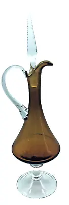 Vintage Murano Carafe Decanter Amber Twisted Stopper Applied Clear Handle MCM • $61