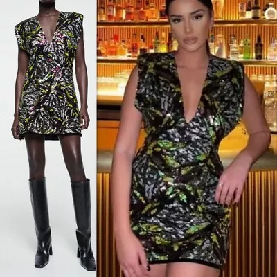 $49.99 • Buy NWT ZARA Multicolored Sequin V-neck Padded Shoulder Mini Dress XL (?)