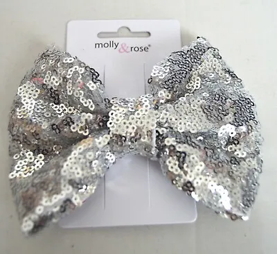 NEW 12cm Shiny Silver Sequin Bow Fork Hair Clip Fashion Womens Girls • £3.99
