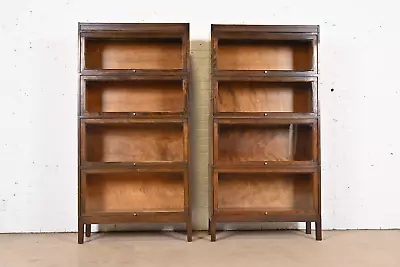 Antique Shaw Walker Arts & Crafts Mahogany Four-Stack Barrister Bookcases Pair • $5500