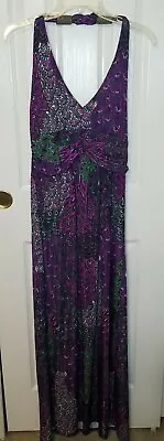 Shoreline S/M Long Maxi Dress Beaded Halter Empire Waist Purple Green Peacock • $17.99