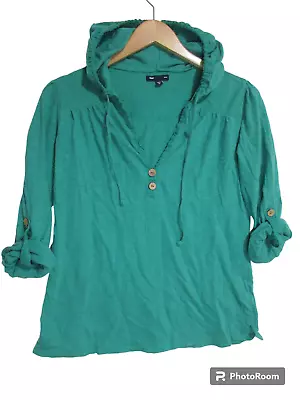 Sz M GAP  Knit Green Hoodie 3/4 Roll Tab Sleeve Top Women's Stretch Lightweight • $10.88