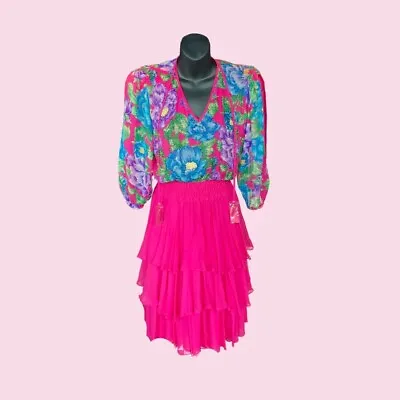 VIBRANT 1980's DEADSTOCK Diane Freis Floral Embellished Ruffle Dress W/ Tags • $64.90