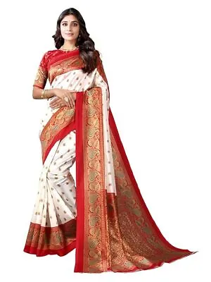 Women's Designer Poly Silk Printed Saree With Unstitched Blouse Piece Red-White • $24.49