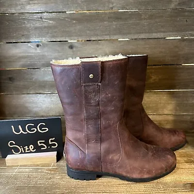 Womens Ugg Burrough Brown Leather Lined Mid Calf Riding Winter Boots Size 5.5 M • $74.99