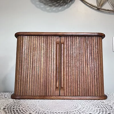 🌟 Mid-Century Modern Small Danish Teak Wood Tambour Door Cabinet 18” X 8” X 12” • $125