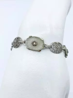 Vintage Art Deco Paste Camphor Glass & Silver-Tone Filigree Bracelet • $75