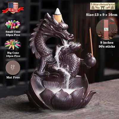 $19.99 • Buy Ceramic Backflow Incense Burner Holder Dragon Waterfall & Incense Cones Gift