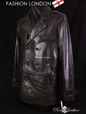 REEFER Black Men's Classic Pea Coat Style Lambskin Simple Casual Leather Jacket • $159.46