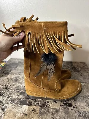 Minnetonka Women's Tall Suede Boots Size 6 Fringe Detail & Feather • $69.95