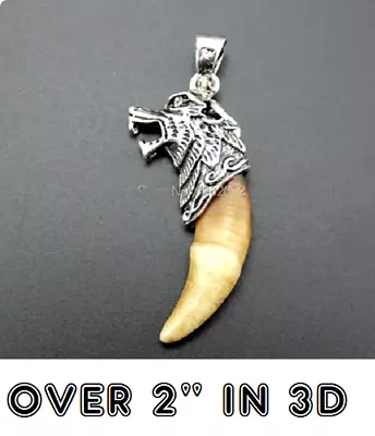 X  LARGE WOLF TOOTH TEETH HEAD TRIBAL Pendant 24  925 Sterling Silver Chain Mens • $19.88