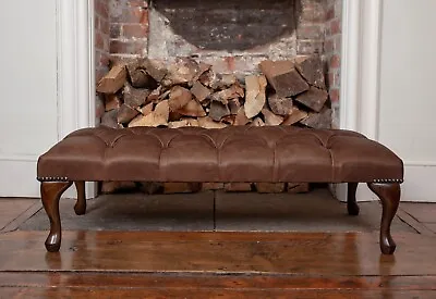£245 • Buy Large Chesterfield Queen Anne Footstool In Vintage Brown Leather Handmade In UK