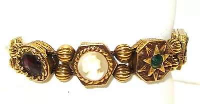 Vintage Slider Bracelet Stones Gold Tone Goldette Etruscan Victorian Style Cameo • $95