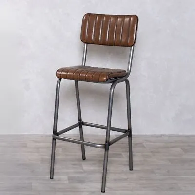 Faux Leather Bar Stool Brown Counter Stool Ribbed Retro Stool • £145