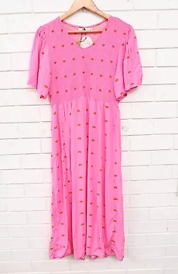 Women's BNWT Fria Pink Pattern Short Flutter Sleeve Shirred Maxi Dress Size 12 • $28