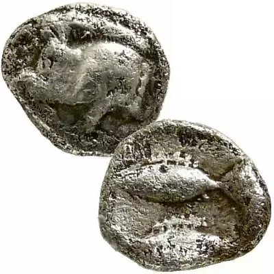 BOAR / Two Fish. Mysia Kyzikos. 450 BC Rare Ancient Greek Silver Hemiobol Coin • $99