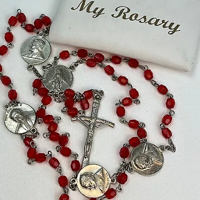 Vintage Pope John Paul II Commemorative Rosary Red Faceted Beads 36  W Pouch • $16.50