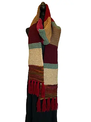 OBD Handmade Hand Knit Red/Green/Tan Striped Winter Scarf W/Fringe • $35
