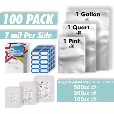 $47.99 • Buy (100 Pack) PackFreshUSA Mylar Bags & Oxygen Absorbers Box Set 7 Mil Variety Pack