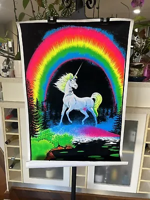 Vintage 1980’s Unicorn In Paradise Funky 22.5”x34” Flocked Blacklight Poster USA • $135