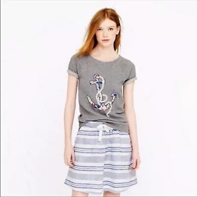 J.Crew Lightweight Terry Tee Floral Anchor Embroidered Rope In Gray Size SMALL • $18.99