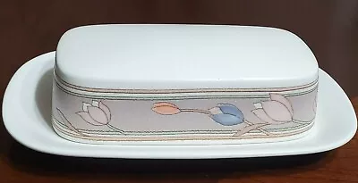 Mikasa Intaglio Covered 1/4 LB Butter Dish Meadow Sun CAC02 Taupe Band W/ Tulips • $16.31