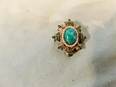 VTG Gold Tone W/ Seed Pearls  & Green Stone Brooch • $4