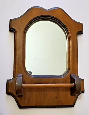 Hand Carved Wall Mirror Wood W Towel Bar Vintage 1980's  Made In USA 16  X 12  • $101.91