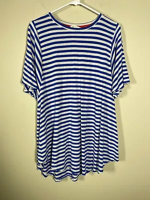 Matilda Jane Womens Tunic Top Medium Blue White Striped Short Sleeve Rayon • $13.50