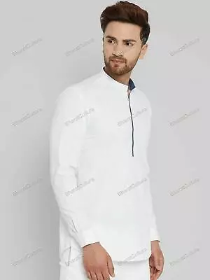 Mens Kurta Traditional Shirts Top Shirt Solid Mens Wear Cotton White Kurta • £17.12