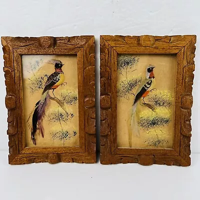Pair Vintage Mexican Folk Art Feather Art Bird Picture W/Carved Wood Frame • $16.79