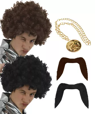 Mens 70s Kit Wig Moustache And Medallion Necklace Afro Hippy Fancy Dress Costume • £9.99