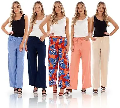 Ladies Linen Trousers Holiday Womens Pants Elasticated Summer Casual Pants • £13.99