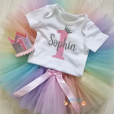 Pastel Rainbow Baby Girls Tutu Cake Smash 1st Birthday Outfit Personalised  • £23