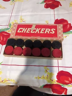 Vintage Made In USA Black & Red Wooden Checkers Original Box Complete Set Of 24 • $10