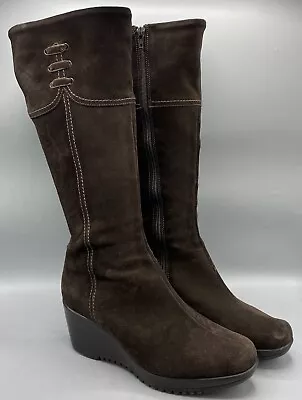 La Canadienne Brown Suede Wedge Tall Boots Velvet Ribbon Canada US 10M Excellent • $99.95