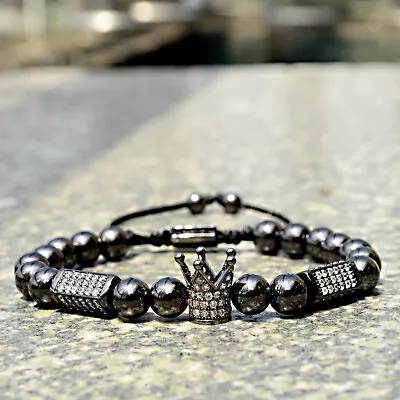 Luxury CZ Polygon Ball Crown Charm Copper Bead Macrame Men Bracelets Gift • $14.43