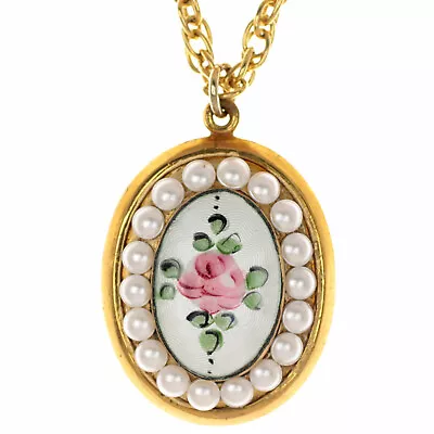 Vintage Coro Locket Pendant Necklace Pink Rose Guilloche Enamel Faux Pearl • $39.99