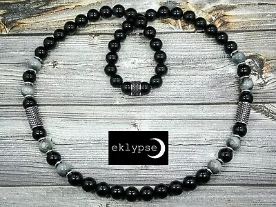 LUXE 24 L STAINLESS STEEL 10mm Gray Hawk Eye+Onyx Gemstone Beaded Men's Necklace • $39.99