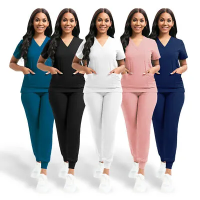 Stretch Medical Nurse Uniform Women Scrub Set V-Neck 3-Pocket-Top Jogger Pants • $18.69