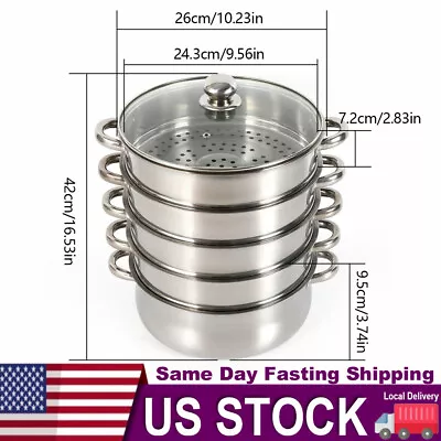 5 Tier Stainless Steel Steamer Cooker Steam Pot Kitchen Food Cooking + Glass Lid • $42.75