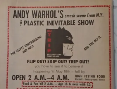 Warhol Plastic Inevitable Show Ad 1966 @ The Trip Hollywood Velvet Underground  • $40